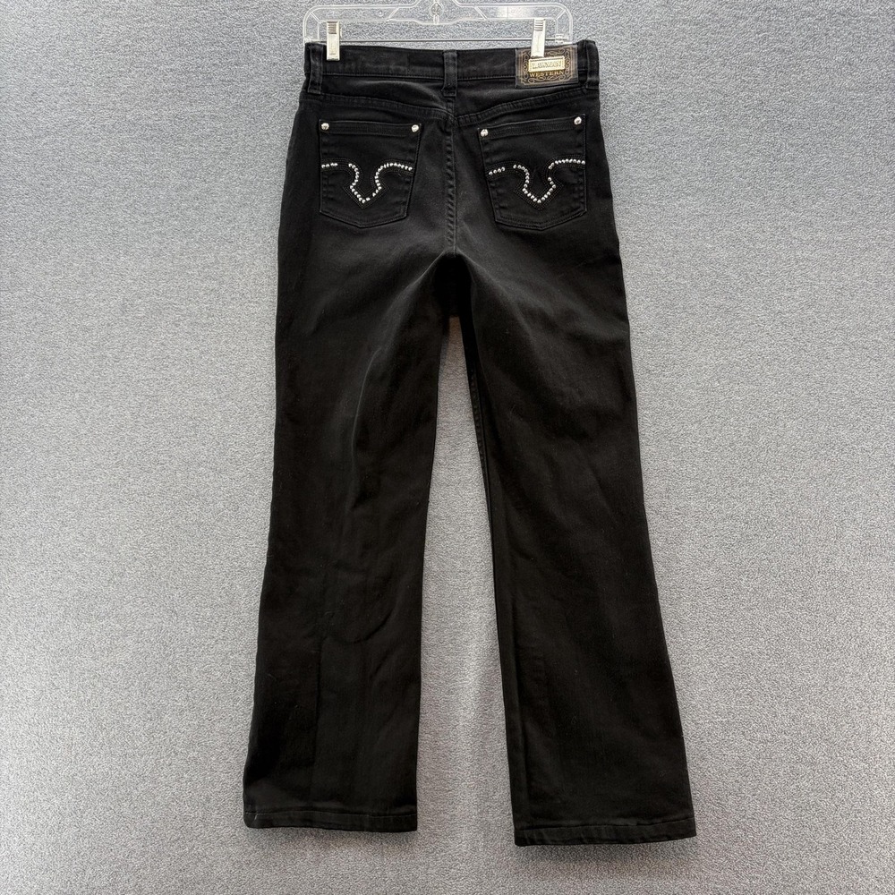 Lawman Western Jeans Junior 7 Black Bootcut Silver Studded Pockets Stretch Denim